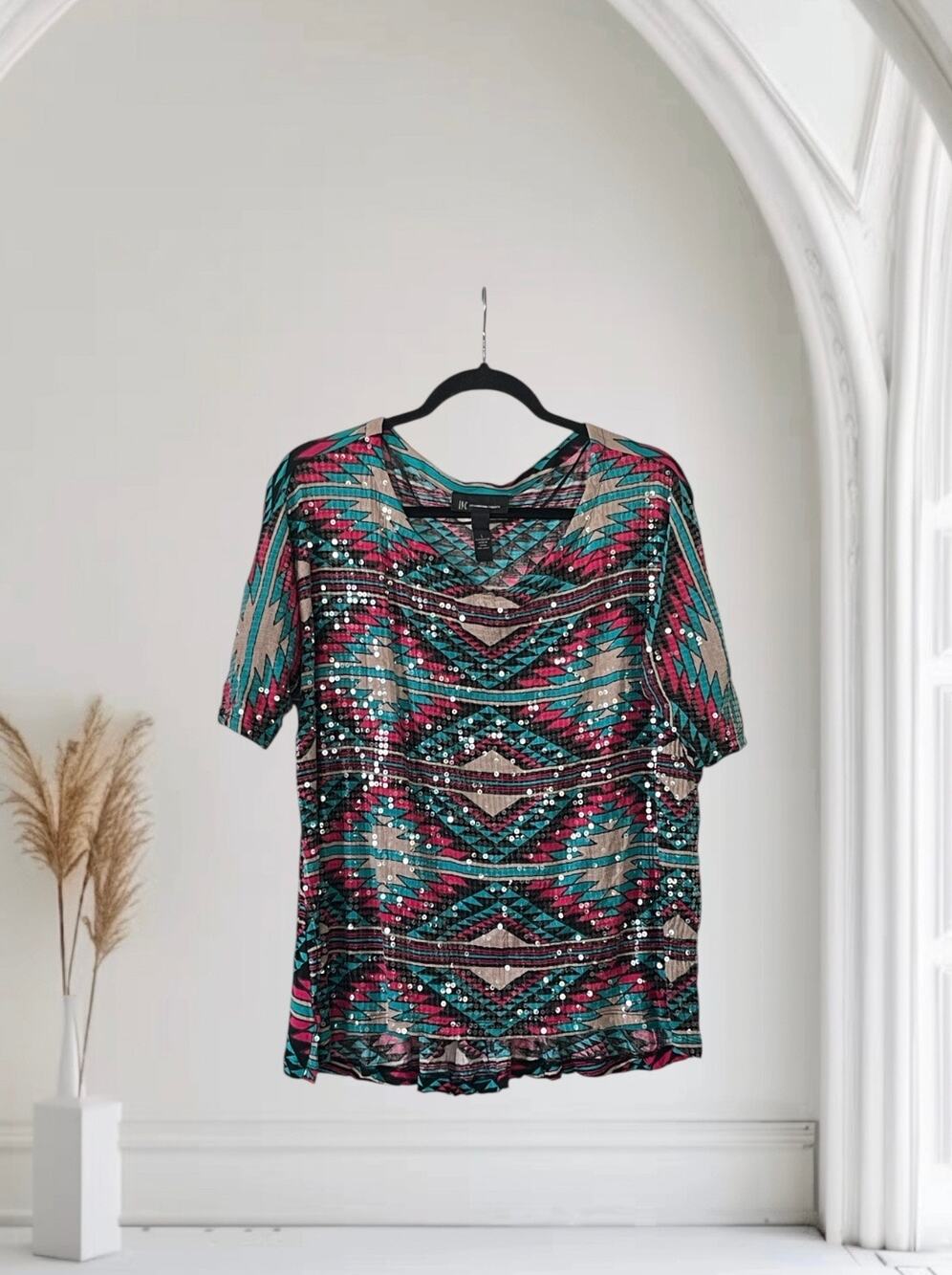 INC International Concepts Aztec Print Sequin Top Sz L